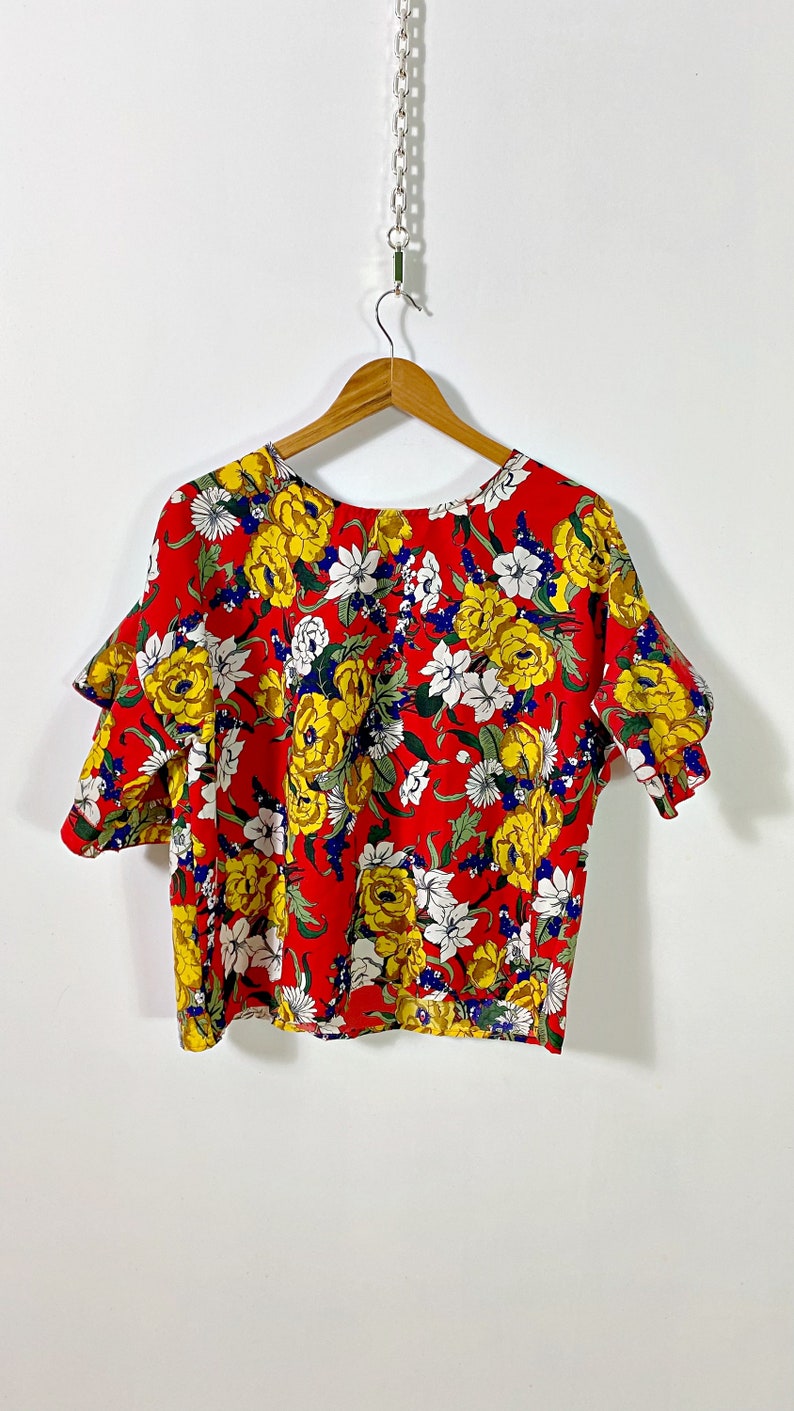 vintage colorful floral blouse I floral t-shirt I multicolor women's top I retro blouse I size L image 8