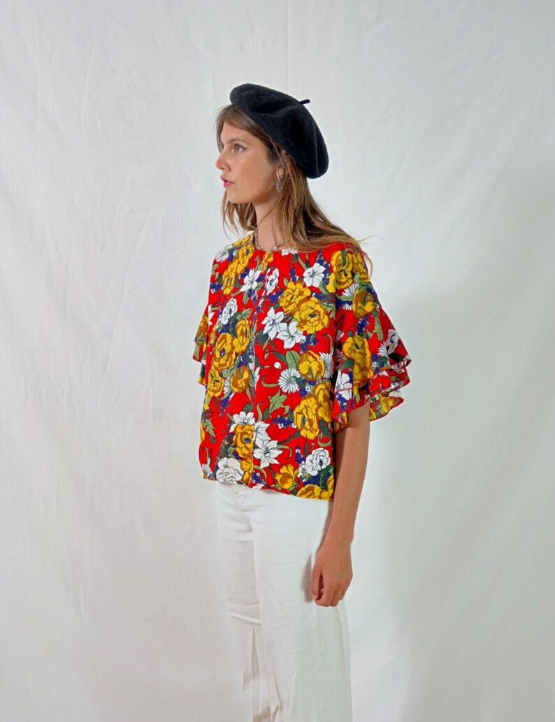 vintage colorful floral blouse I floral t-shirt I multicolor women's top I retro blouse I size L image 5