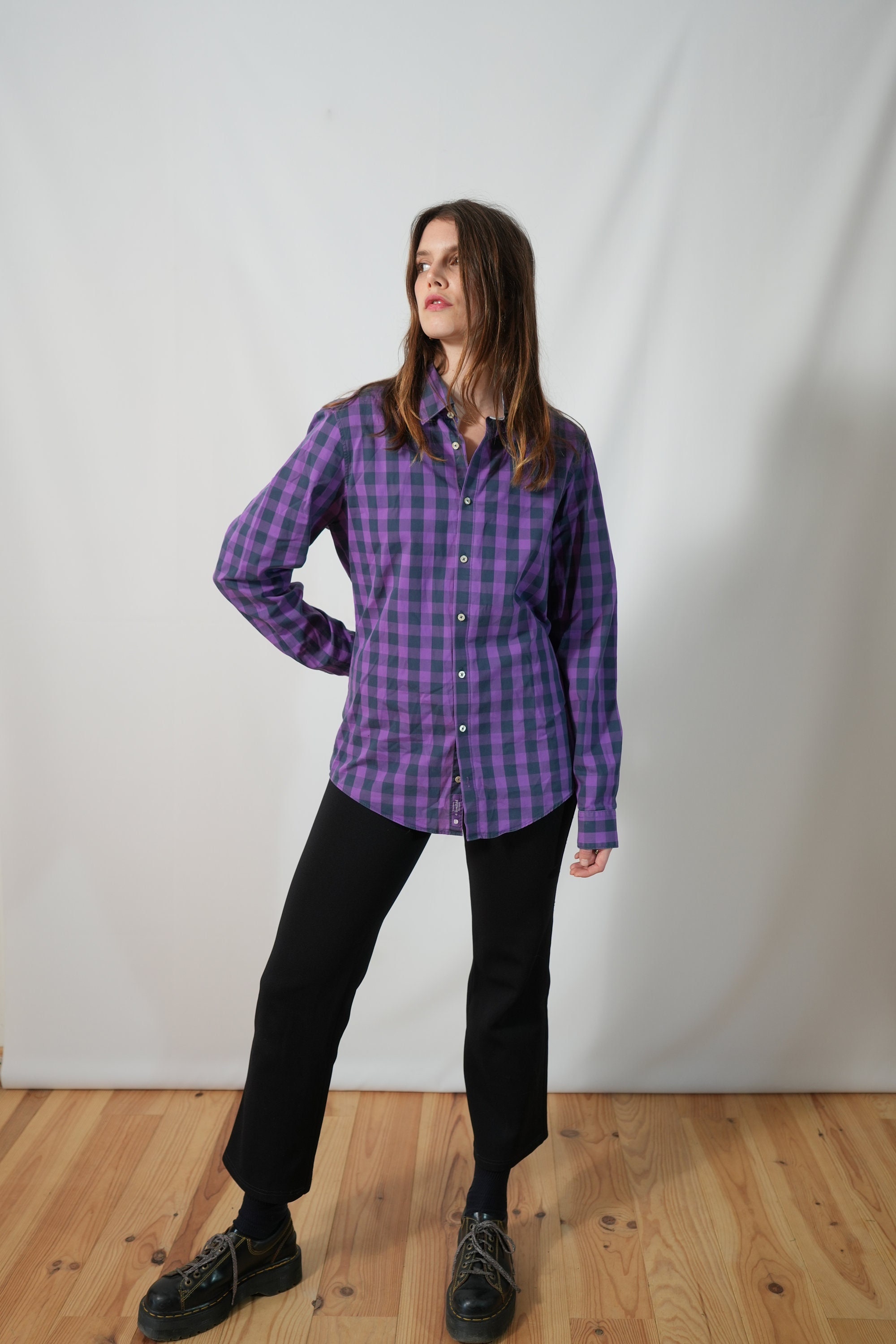 Redmond-Hemd mit Knöpfen in Lila-Schwarz-Karo I Vintage-Hemd I Langarm-Hemd I Y2K I Größe M Slim Fit