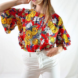 vintage colorful floral blouse I floral t-shirt I multicolor women's top I retro blouse I size L image 3
