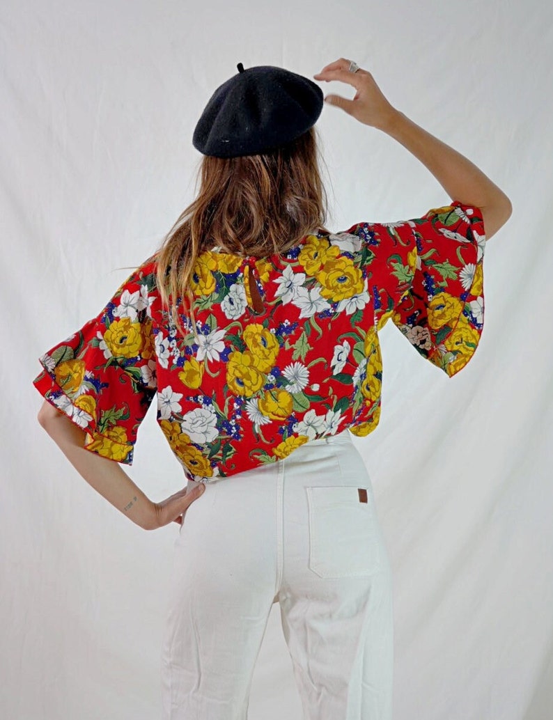 vintage colorful floral blouse I floral t-shirt I multicolor women's top I retro blouse I size L image 10