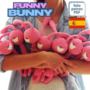 May include: A woman holds a group of seven pink crocheted bunny plushies. The bunnies have long ears and white faces. The text "FUNNY BUNNY" is in the top left corner of the image. The text "Solo patron PDF" is in the top right corner of the image.