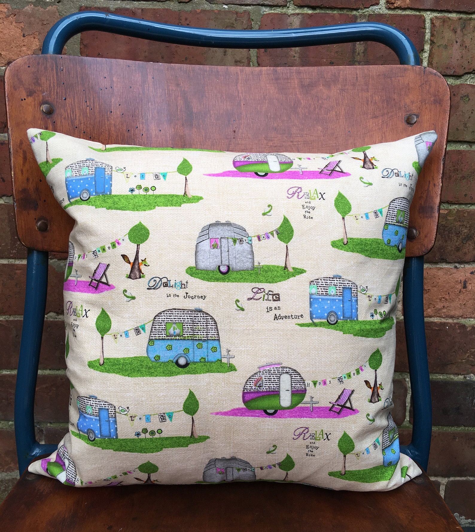Handmade Happy Camper Cream Cushion Cover Only 16 X 16 Studio Etsy Israel