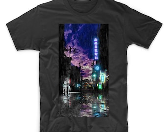 Japanese Street scene T shirt, Blade Runner style T shirt, Urban street scene, Japan streets, CyberPunk T-shirt, Onomichi Blues Rain T shirt