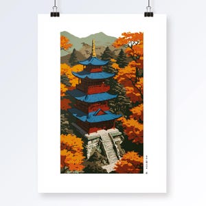 Japanese autumn scene with temple art print, Japanese temple Art print, Japanese maple leaf tree wall art, Japanese nature scene art print