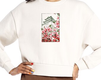 Japanese Temple with Cherry blossom trees, cherry blossoms sweatshirt, Japanese art, Japanese temple art, Gift for her, Japanese style print