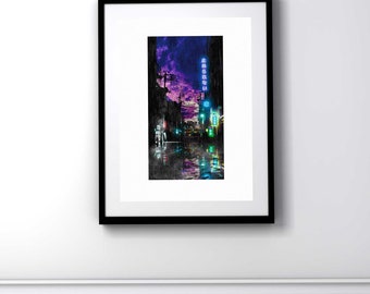 Puede incluir: Una impresión enmarcada de una pintura digital que representa una escena nocturna lluviosa en una ciudad japonesa. La imagen presenta una calle estrecha con edificios a ambos lados, iluminados por letreros de neón. El cielo es de un vibrante color púrpura y rosa, con lluvia cayendo en primer plano. El texto "生きたら辛い" es visible en un letrero de la imagen.
