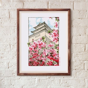 Japanese Temple Sakura Art Print: Ukiyo-e Style