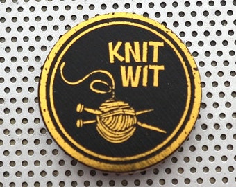 Knit Wit pin 1.5" pinback button. Handmade art badge flair quote in gold foil on black. Funny knitting crocheting Christmas stocking stuffer
