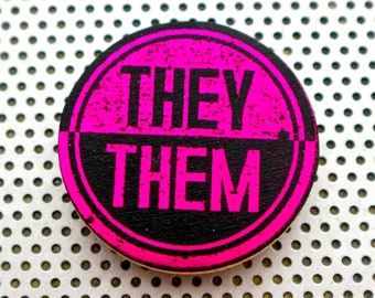 Gender neutral pin. They Them pronoun 1.5" pinback badges or buttons. They/Them handmade typography print in metallic purple foil on black
