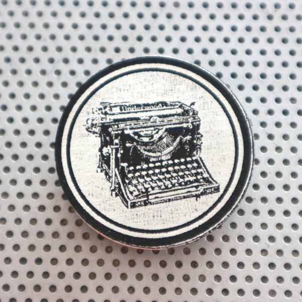 Vintage Typewriter 1.5" handmade pinback button for writer author poet. Underwood art Remington badge Smith Corona print black silver flair