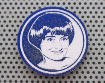 Agnes Varda 1.5" pinback button portrait. Handmade art print badge feminist French film director réalisatrice cinema in blue foil on white