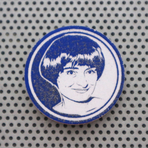 Agnes Varda 1.5" pinback button portrait. Handmade art print badge feminist French film director réalisatrice cinema in blue foil on white