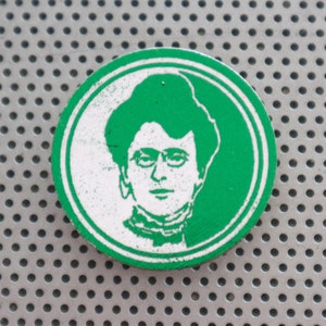 Lucy Maud Montgomery 1.5&quot; pinback button. Handmade author art portrait print badge Canadian writer Anne of Green Gables WIth An E foil white