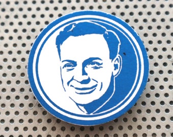 Richard Feynman pin 1.5" button. Handmade physicist portrait art physics print pinback badge astro flair Nobel in silver foil on black.