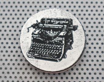 Vintage Typewriter pin 1.5" handmade pinback button for writer author poet. Underwood art Remington badge Smith Corona print silver flair