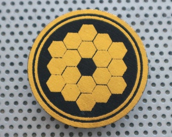 Astronomy nerd pin 1.5" pinback button. Handmade NASA James Webb Space Telescope JWST art print badge flair honeycomb in gold foil on black