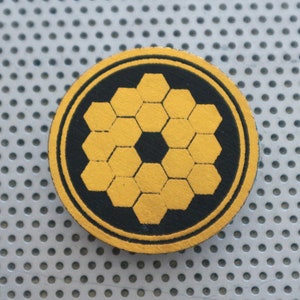 Astronomy nerd pin 1.5" pinback button. Handmade NASA James Webb Space Telescope JWST art print badge flair honeycomb in gold foil on black