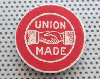 Union labor pin 1.5" pinback badge or button power in unionizing strong strike picket line strikers handmade print silver red us foil antifa