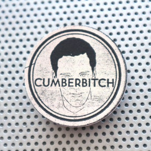 Cumberbitch 1.5" pinback button Benedict Cumberbatch portrait. Handmade art print badge actor Dr Strange Sherlock in silver foil on black.