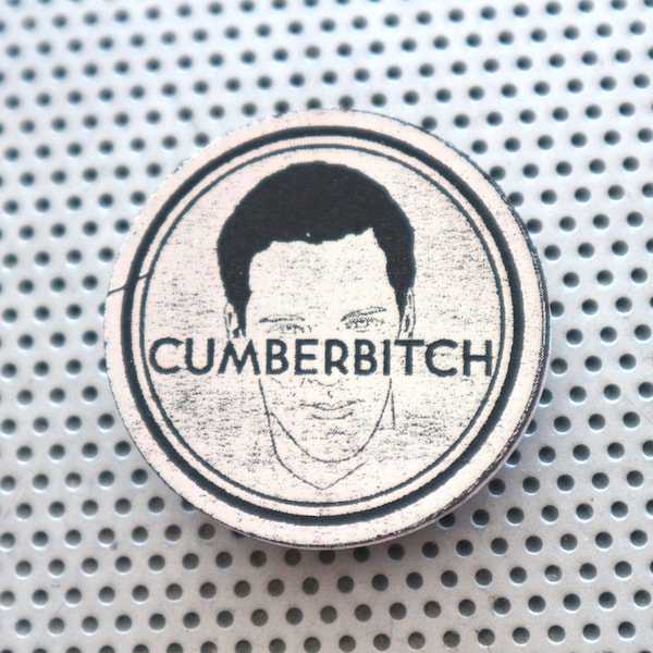 Cumberbitch 1.5" pinback button Benedict Cumberbatch portrait. Handmade art print badge actor Dr Strange Sherlock in silver foil on black.