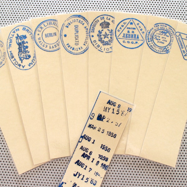 Foreign Library Stamps bookmarks / set of 9 librarian marks researcher writers authors readers PhD ex libris university college blue tan