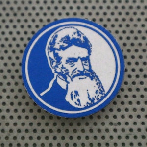 John Brown pin 1.5&quot; pinback badge button American revolutionary Civil War freedom fighter antislavery history icon print blue foil sjw blm