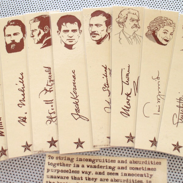 Great American Novelists / 9 bookmark set of handmade portraits / writers authors novelists Melville Kerouac Hemingway Fitzgerald sepia tan