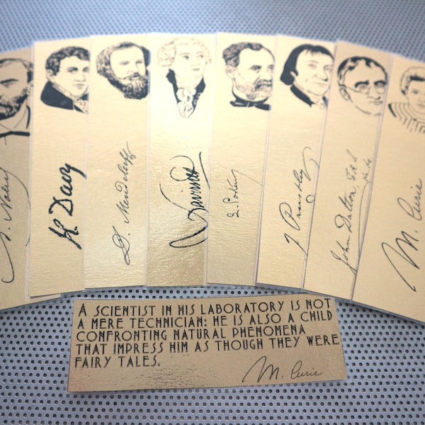 Great Chemists bookmarks set of 9 handmade chemistry history historical scientists Marie Curie gold au alchemy ap chem study textbook exam