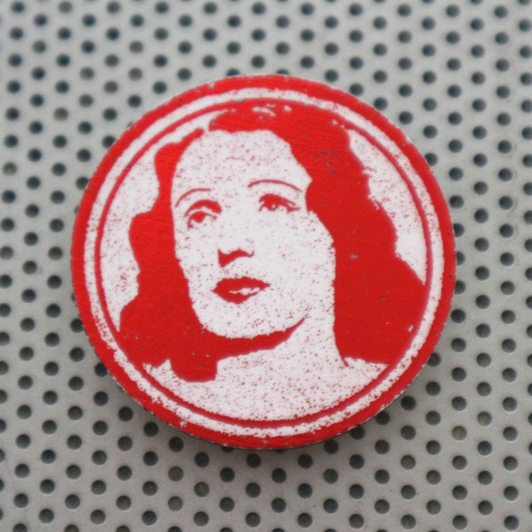 Edith Piaf 1.5" pinback button portrait. Handmade la Môme art Little Sparrow print badge French La Vie En Rose singer in red foil on white