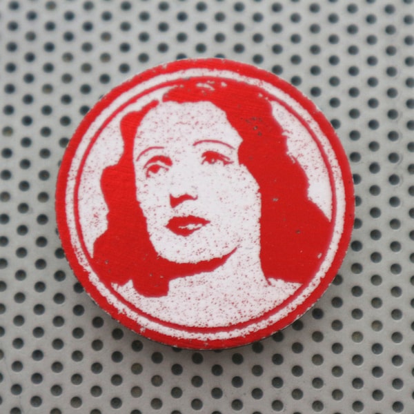 Edith Piaf 1.5" pinback button portrait. Handmade la Môme art Little Sparrow print badge French La Vie En Rose singer in red foil on white