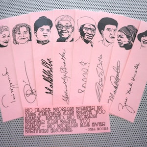 Black women writers bookmarks / set of nine handmade African American portraits poets feminist activists book mark black on pink whm blm image 1