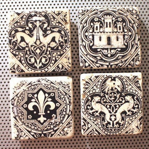 Set of 4 2 inch stone tile magnets / handmade photo prints of heraldry crest / Sainte Chapelle Paris France / lions fleur de lys castle dogs