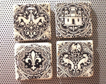 Set of 4 2 inch stone tile magnets / handmade photo prints of heraldry crest / Sainte Chapelle Paris France / lions fleur de lys castle dogs