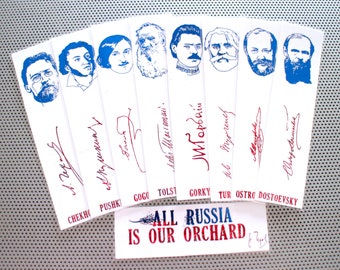Russian Writers set of 9 bookmarks portraits great classical authors playwrights poets blue and red book marks Tolstoy Dostoevsky Chekhov