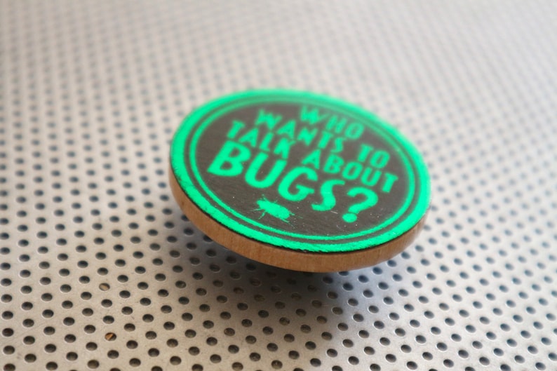 May include: A round, wooden button with a black background and green text that reads "Who wants to talk about bugs?"