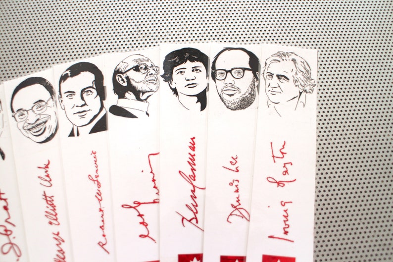 May include: A set of six black and white illustrations of people's faces with their names and signatures written in red ink below each illustration.