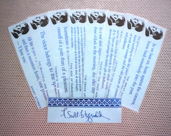 F Scott Fitzgerald bladwijzers set van 9 handgemaakte citaten proza boekenleggers Great Gatsby Tender Night Jazz Age blauw Engels student leraar cadeau