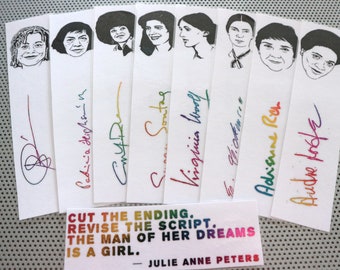 Lesbian writers bookmarks / set of 9 hand drawn portraits of women writers poets feminists and activists with a quote in rainbow foil whm