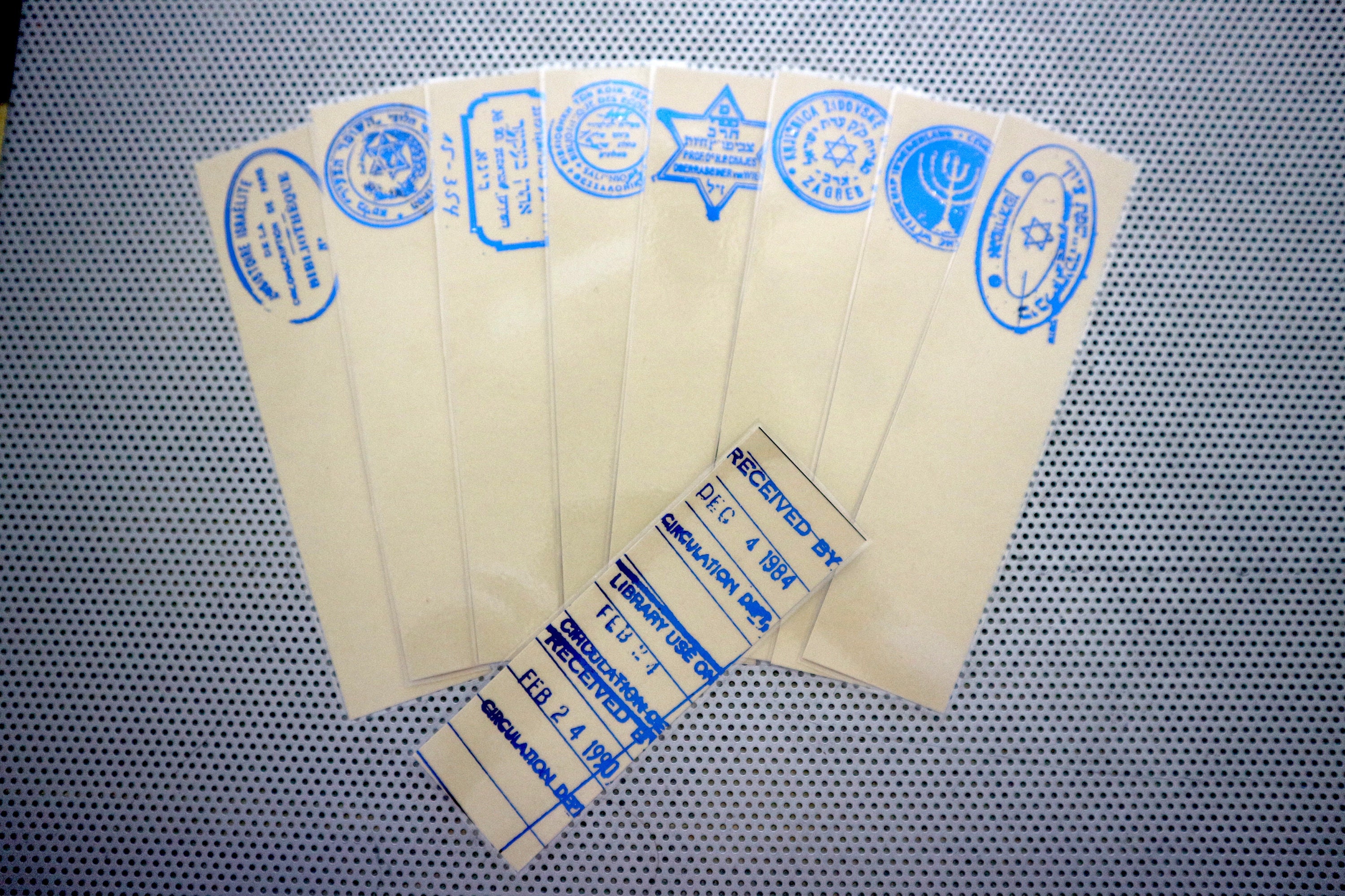 Jewish bookmark set / 9 Library Stamps librarian marks / Rabbi rabbinical Yeshiva Yiddish Hebrew scholars readers ex libris blue tan