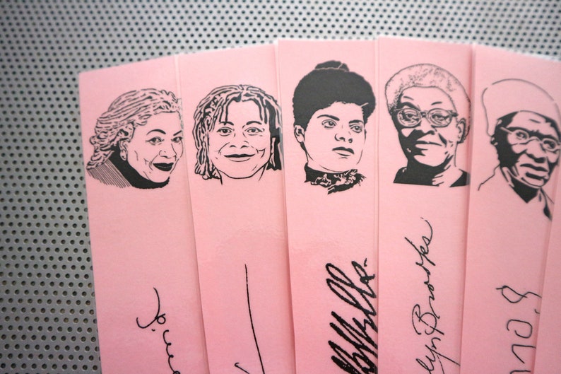 Black women writers bookmarks / set of nine handmade African American portraits poets feminist activists book mark black on pink whm blm image 5