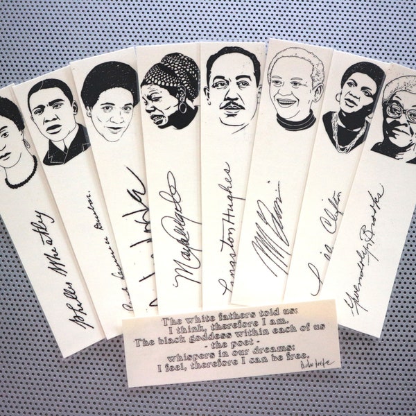 Black Poets bookmarks / set of 9 handmade African American portraits book cream Langston Hughes Maya Angelou Gwendolyn Brooks Giovanni blm