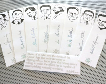 Manhattan Project bookmarks set of 9 handmade nuclear physicist scientist atomic age bomb Los Alamos Feynman Szilard Oppenheimer Fermi Bethe
