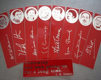 Modernist Poets bookmarks / set of 9 portraits Ezra Pound Langston Hughes ee cummings TS Eliot writers poets quote book mark / silver on red
