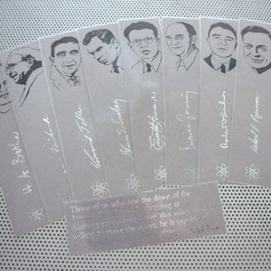 Conjunto de 9 marcadores del Proyecto Manhattan hechos a mano, físico nuclear, científico, era atómica, bomba, Los Álamos, Feynman, Szilard, Oppenheimer, Fermi Bethe