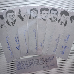 Algonquin Round Table bookmarks / set of nine handmade portraits of 30s writers Dorothy Parker Ross Benchley New York gray blue book marks