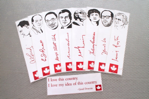 Canadian Poets bookmarks set of 9 Poetry writers authors of Canada men portraits Service Clarke Purdy Alligator Pie book mark red white