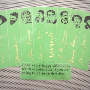 Irische Schriftsteller Lesezeichen Set von 9 handgemachten Portraits Irlands Dichter Dramatiker Autoren Yeats Joyce Wilde Shaw Behan Buchmarke grün gold