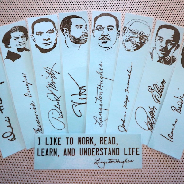 Black writers bookmarks / set of nine handmade African American portraits poets activists book blue Langston Hughes Baldwin Douglass blm