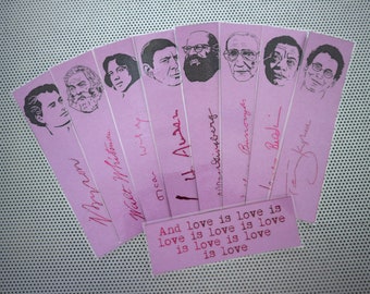 Gay writers bookmarks / set of nine handmade portraits writers playwrights poets activists quote book mark / magenta metal foil on lavender